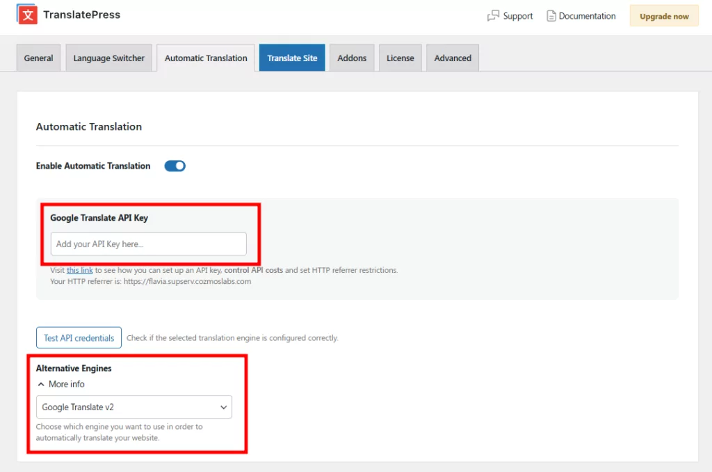 Paste Google API key in TranslatePress settings