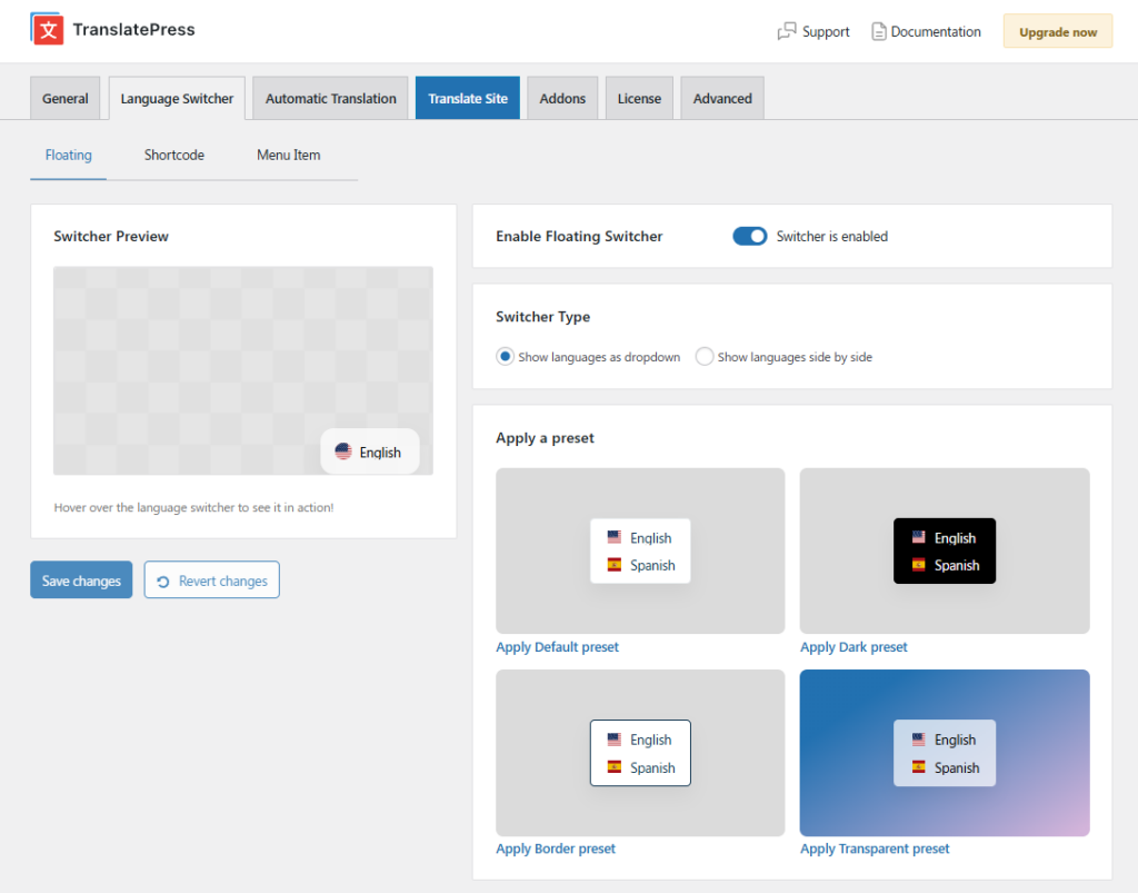 Language switcher settings in TranslatePress