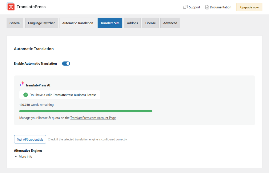TranslatePress automatic translation settings