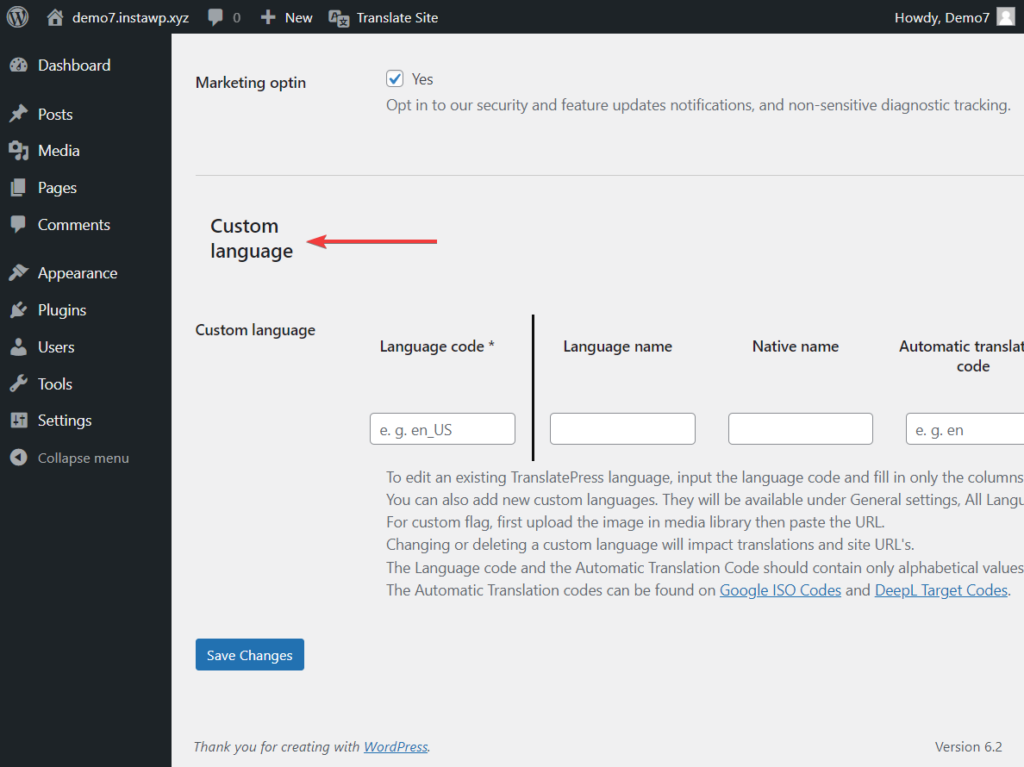 adding custom language for a multi language website