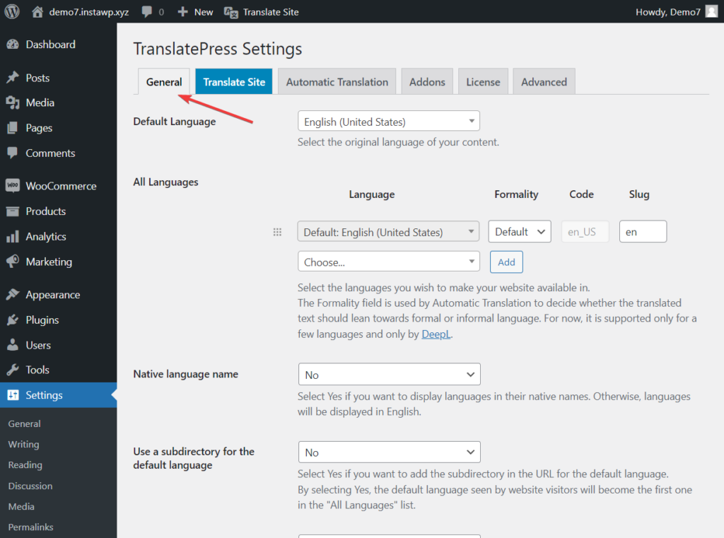 translatepress general settings page to create a multi language website