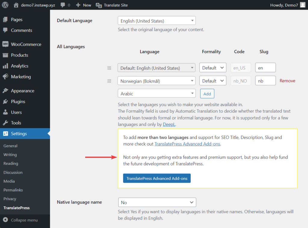 upgrade to TranslatePress pro to add unlimited languages