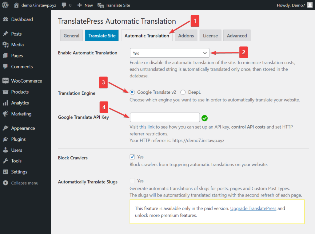 enabling automatic translation for a multi language website