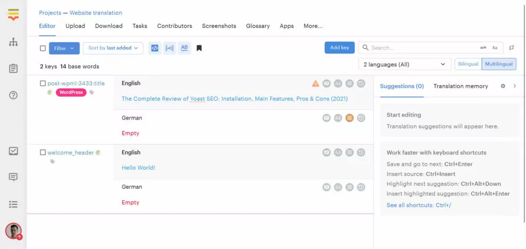 strings in lokalise translation dashboard