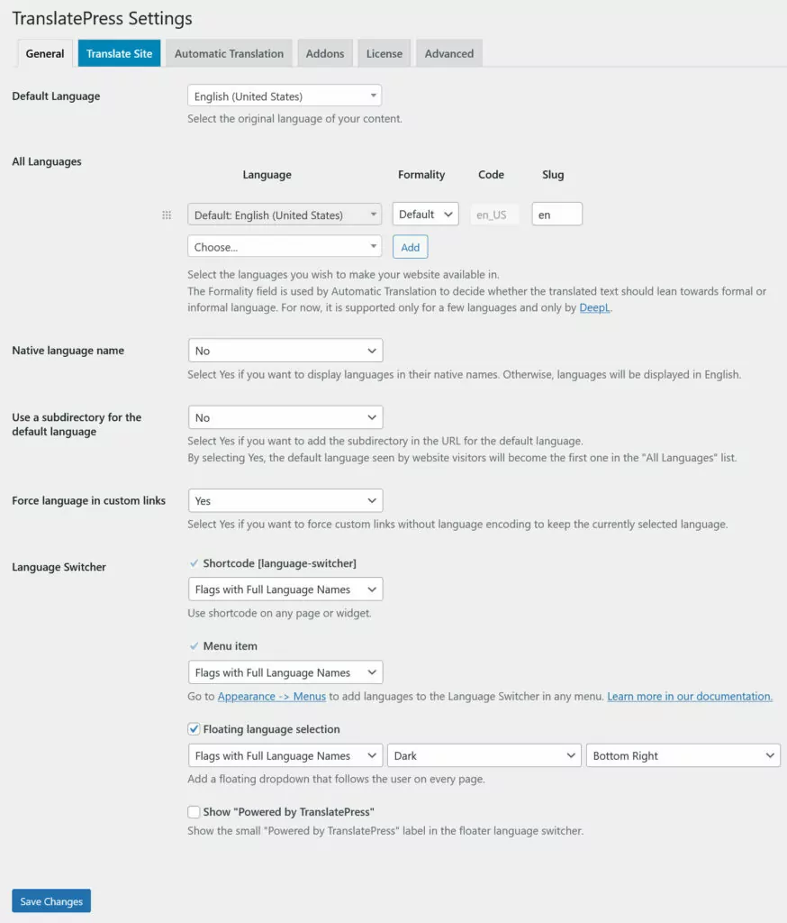 translatepress settings page