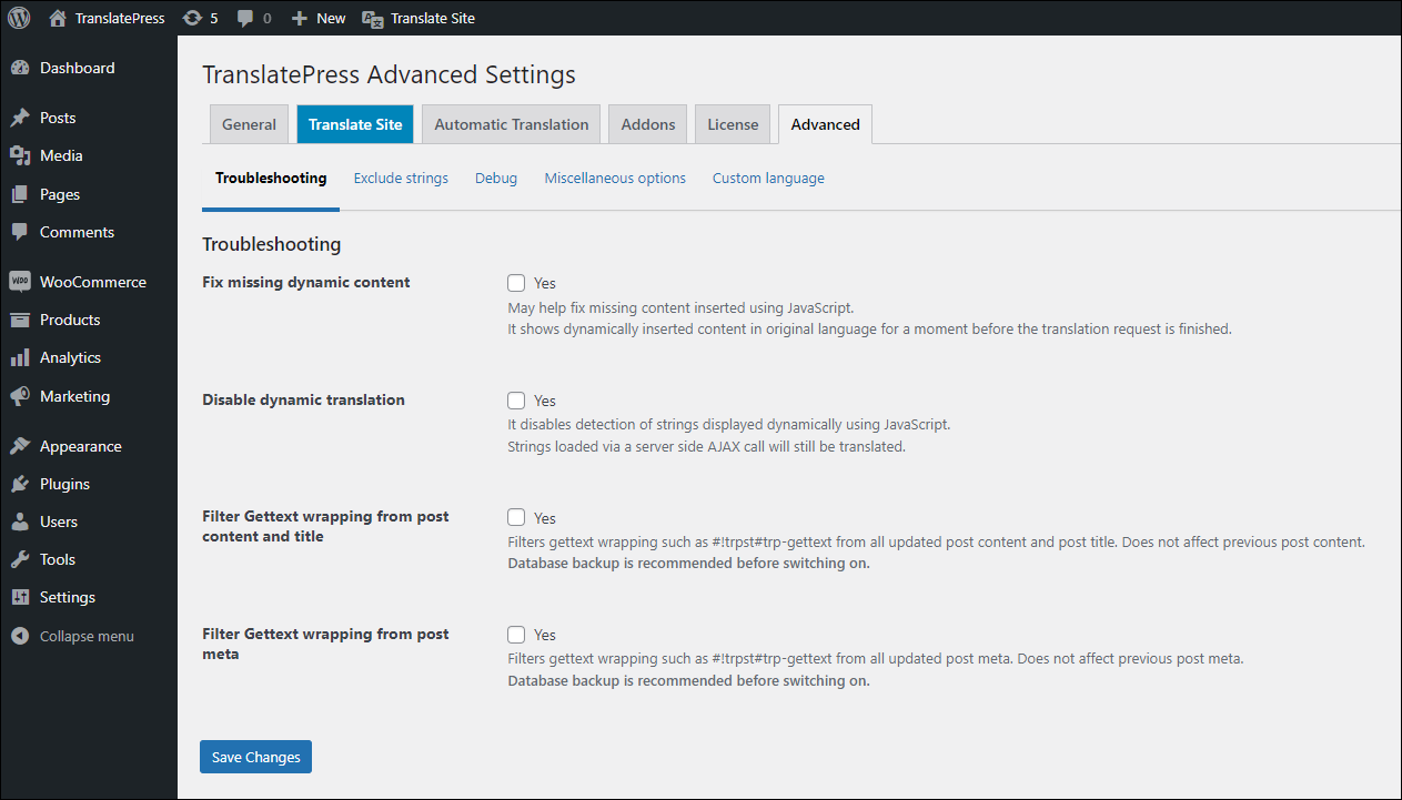 TranslatePress Advanced settings tab
