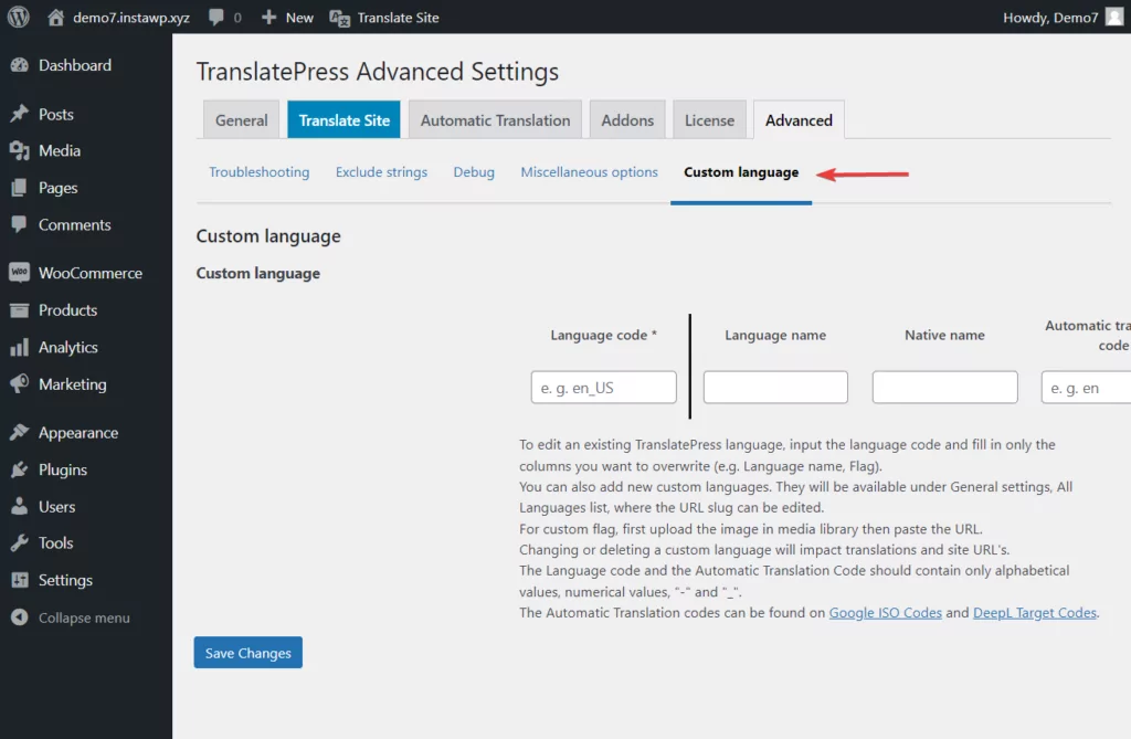 add custom languages in translatepress