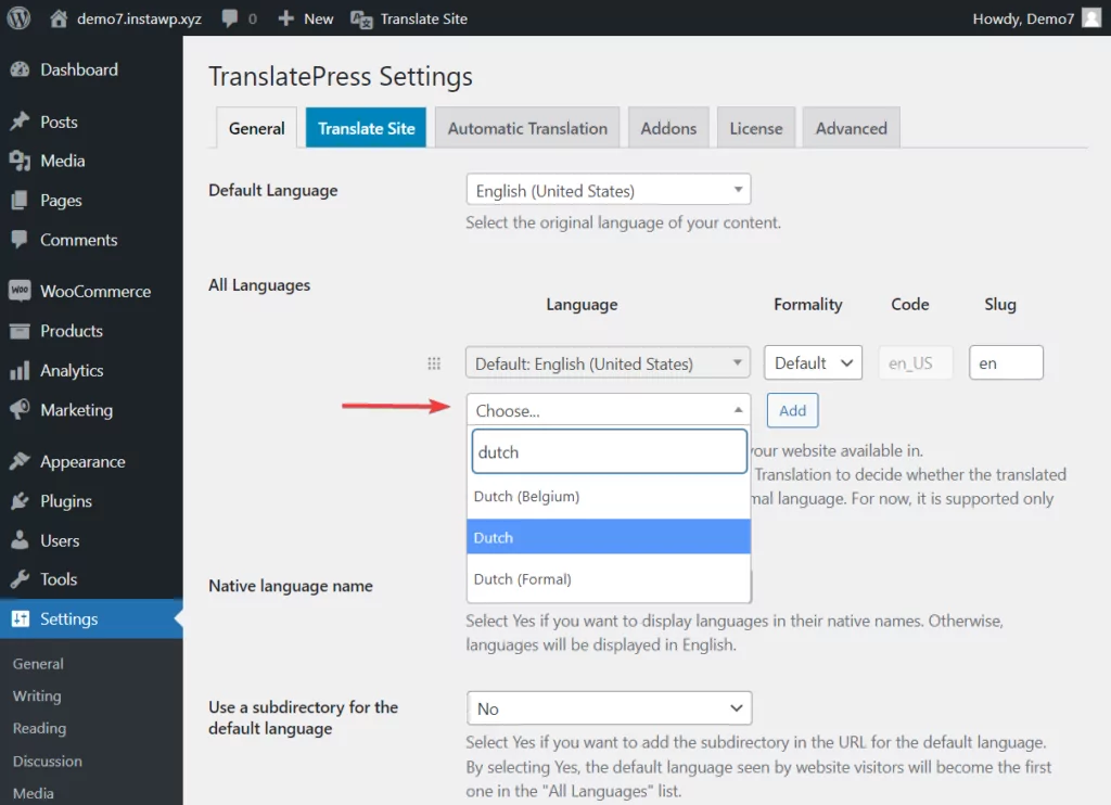 adding languages in translatepress