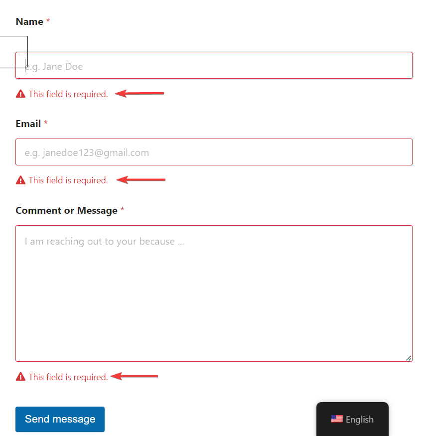 validation messages in a contact form