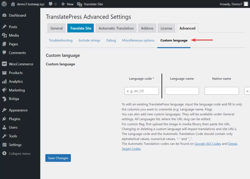 adding custom languages in translatepress plugin