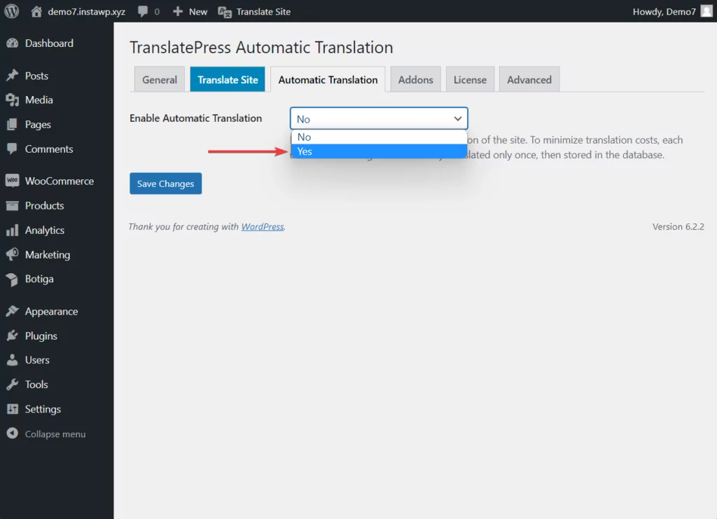 enabling automatic translation in wordpress website