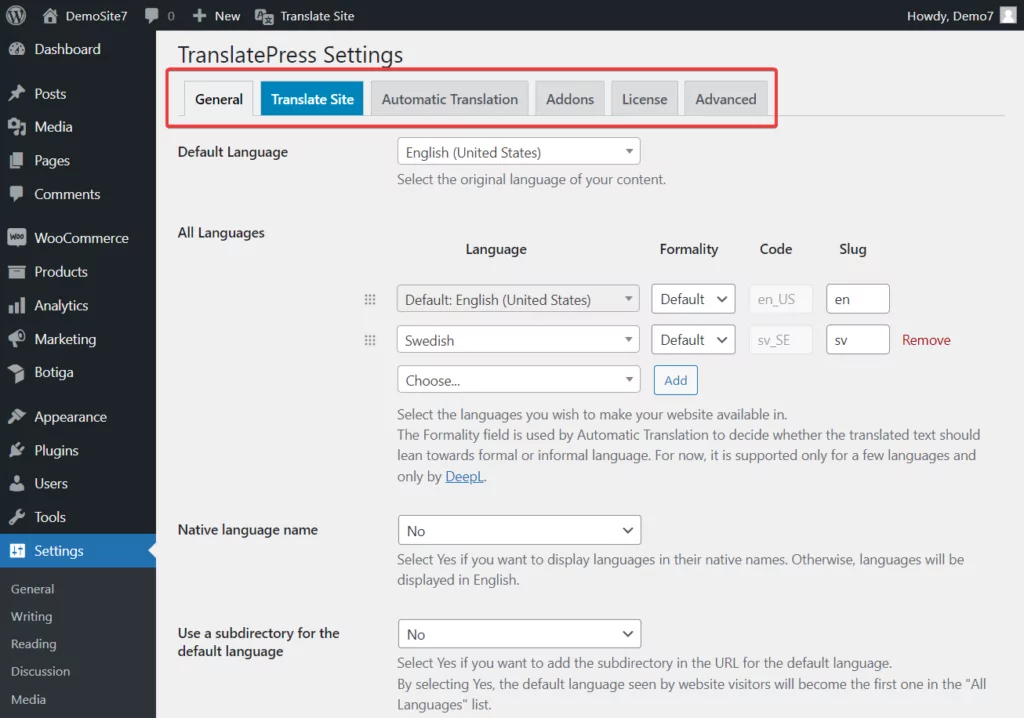 translatepress plugin setting tabs