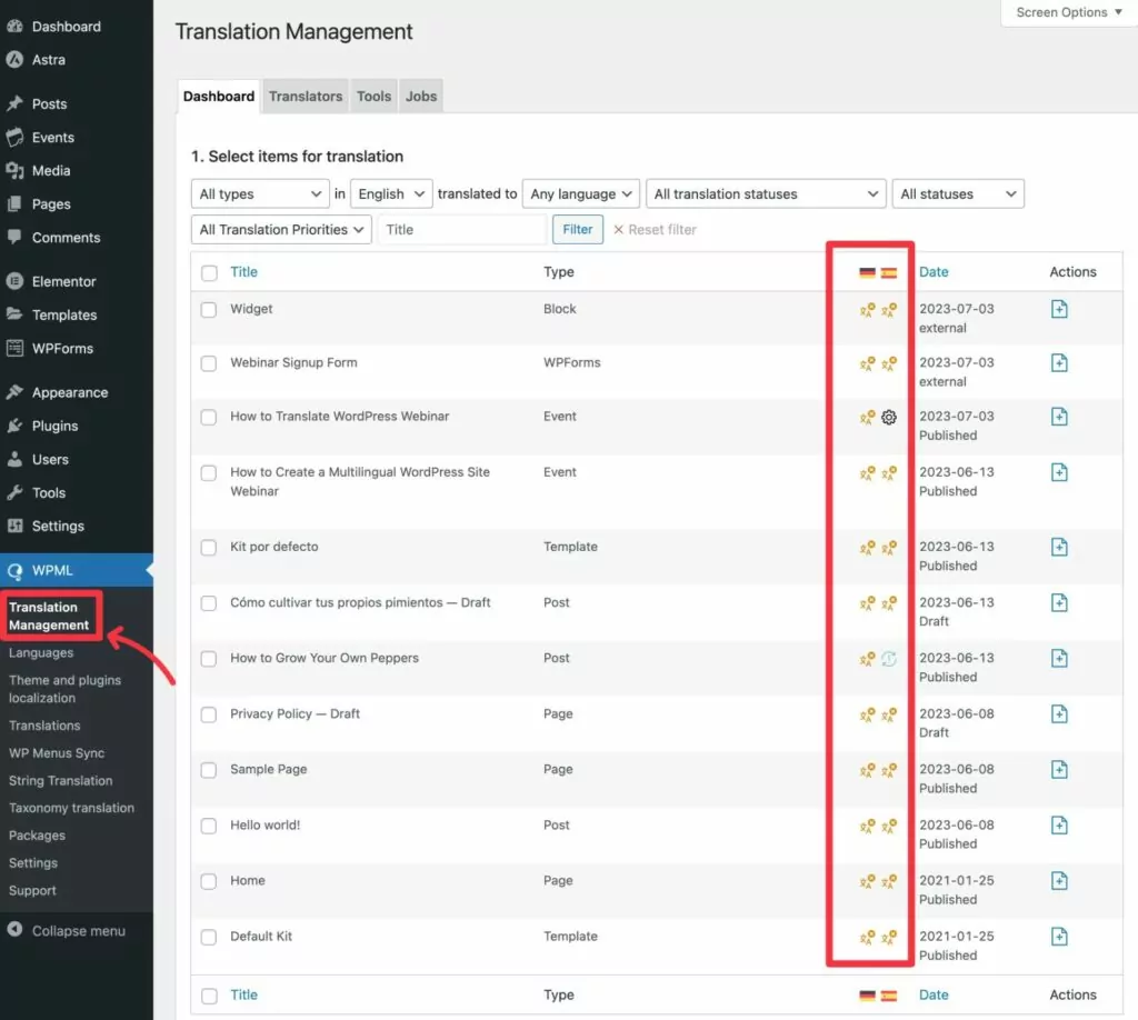 WPML translation management