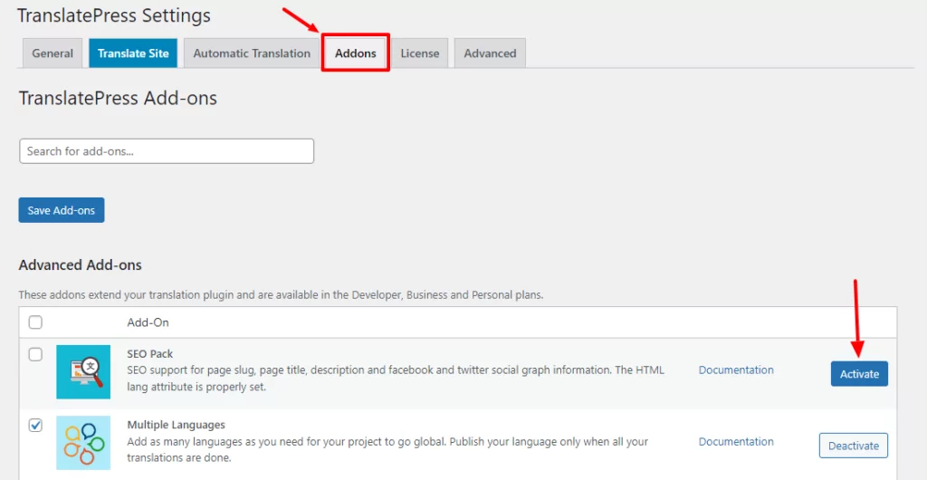 activate translatepress seo addon