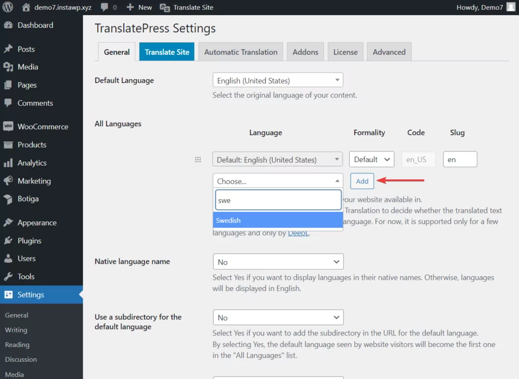 enabling automatic translation translatepress