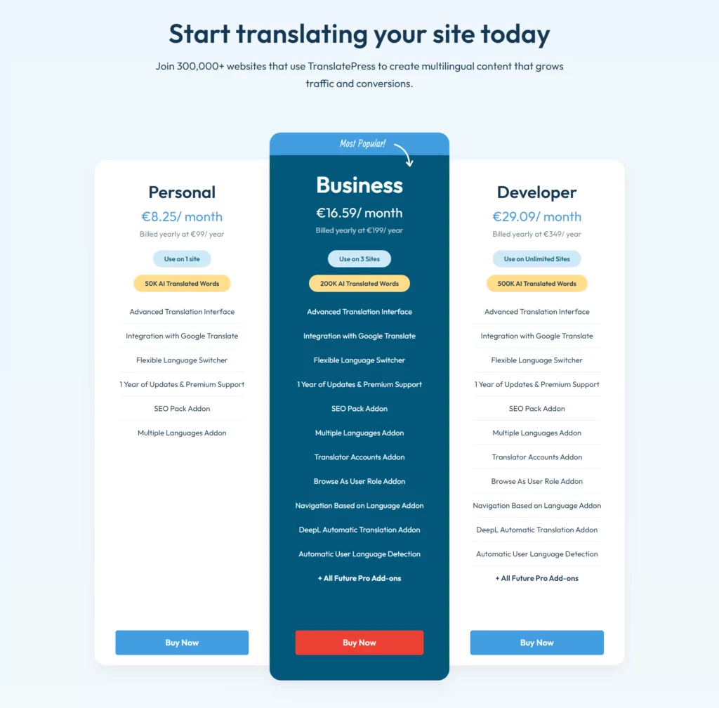 TranslatePress pricing page