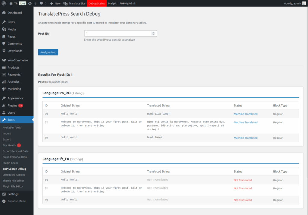 Analyze searchable strings using the TranslatePress Search Debug Tool