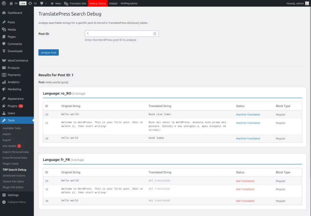 Analyze searchable strings using the TranslatePress Search Debug Tool