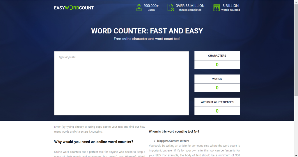 Easy Word Count web page word counter website