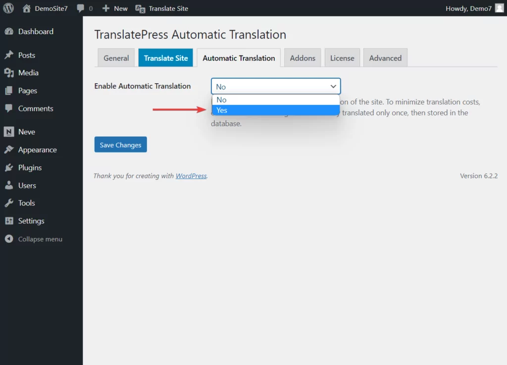 enabling translatepress automatic translation