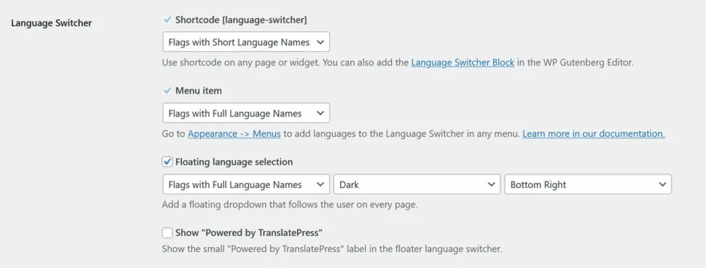 translatepress language switcher settings