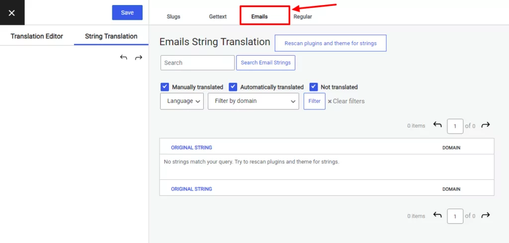 Emails tab in TranslatePress' String editor