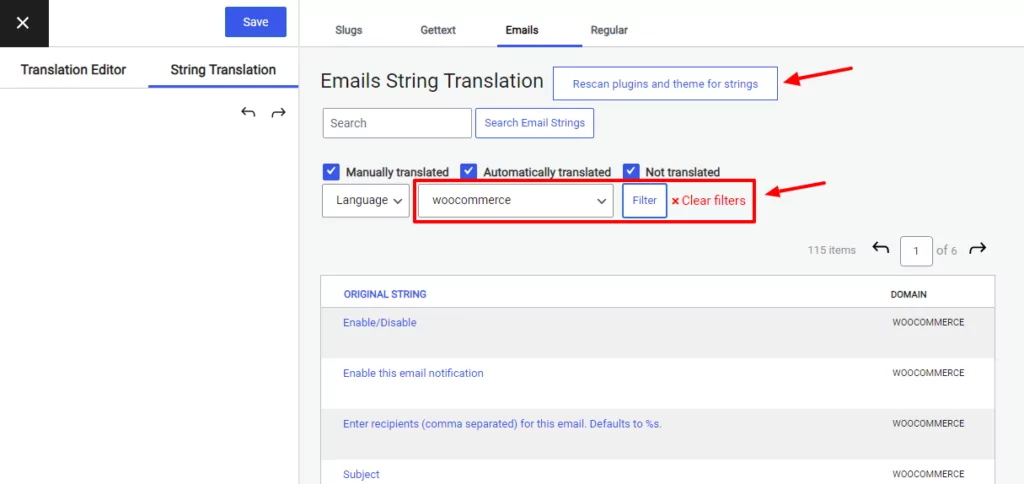 Filtering WooCommerce emails for translation