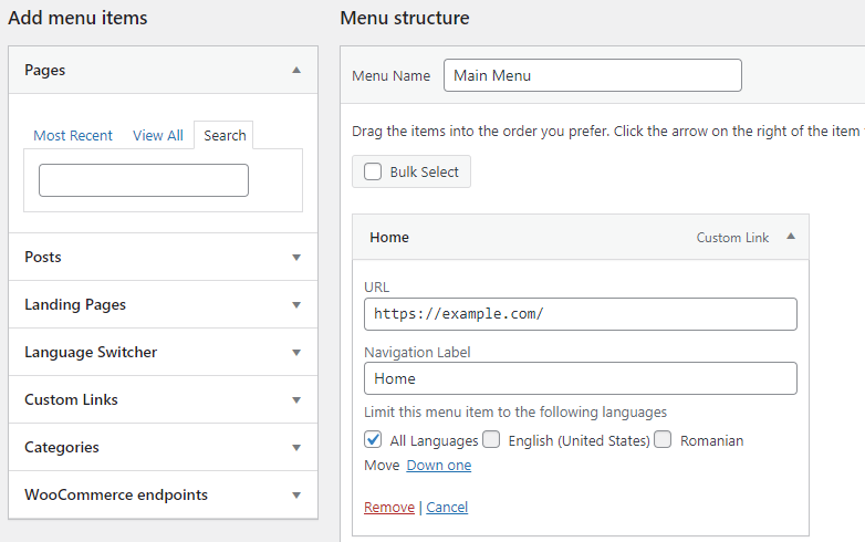 WordPress menu configuration based on language