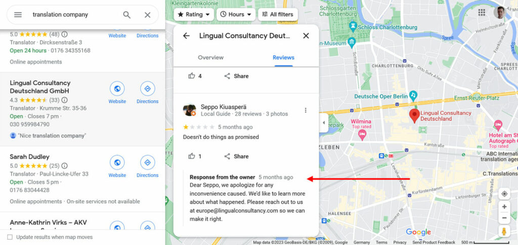 translator response to negative google maps review example