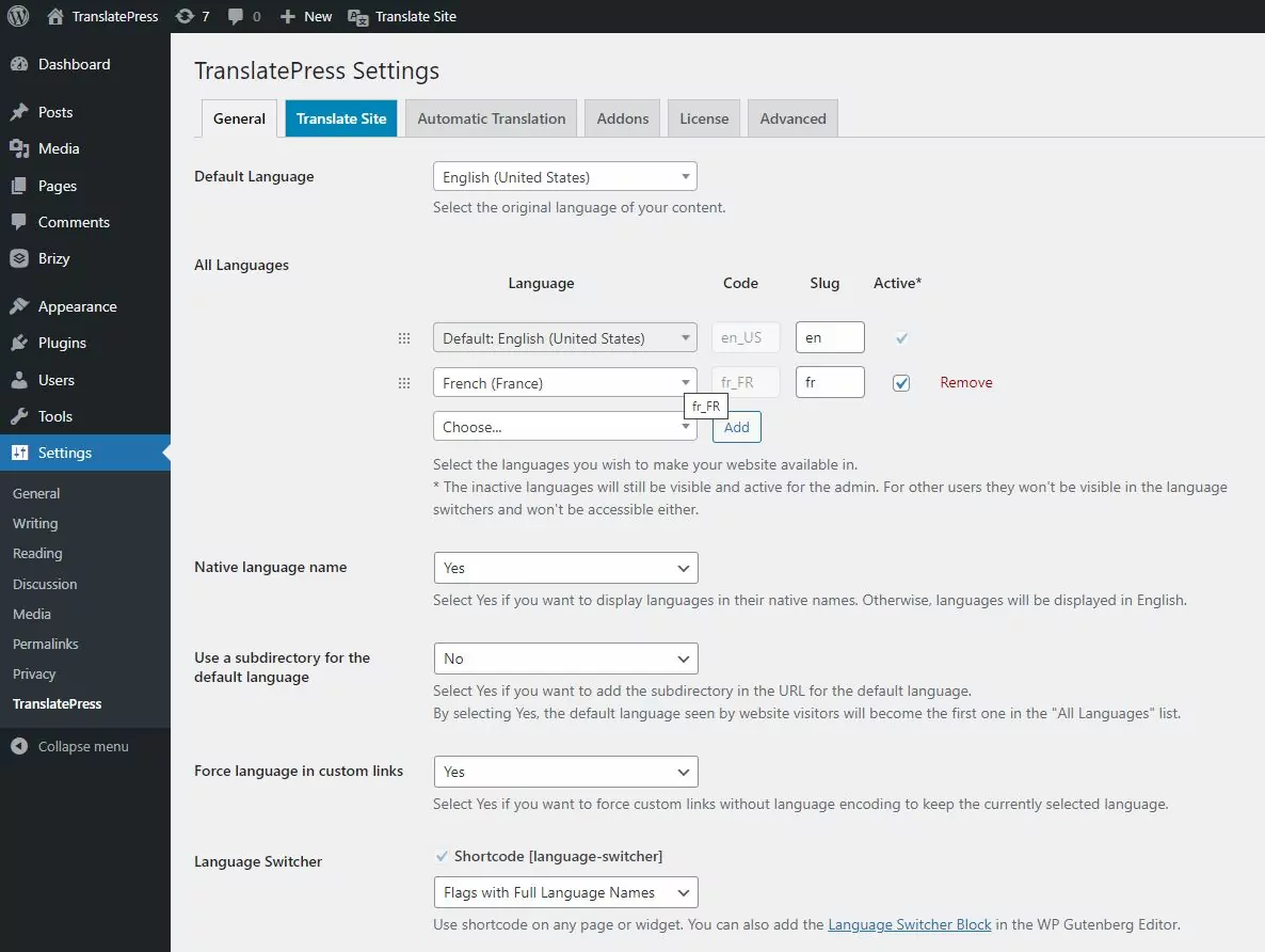 TranslatePress Settings Page - Add New Language