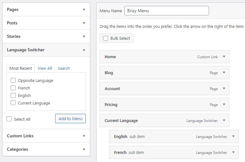 Add language switcher to menu for site created with Brizy Page Builder