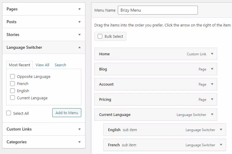 Add language switcher to menu for site created with Brizy Page Builder