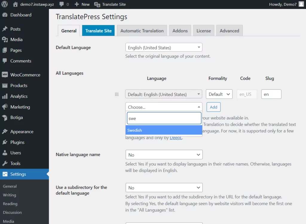 translatepress settings for new website