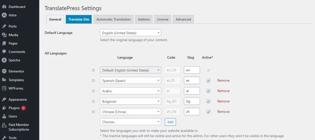 screenshot of TranslatePress menu