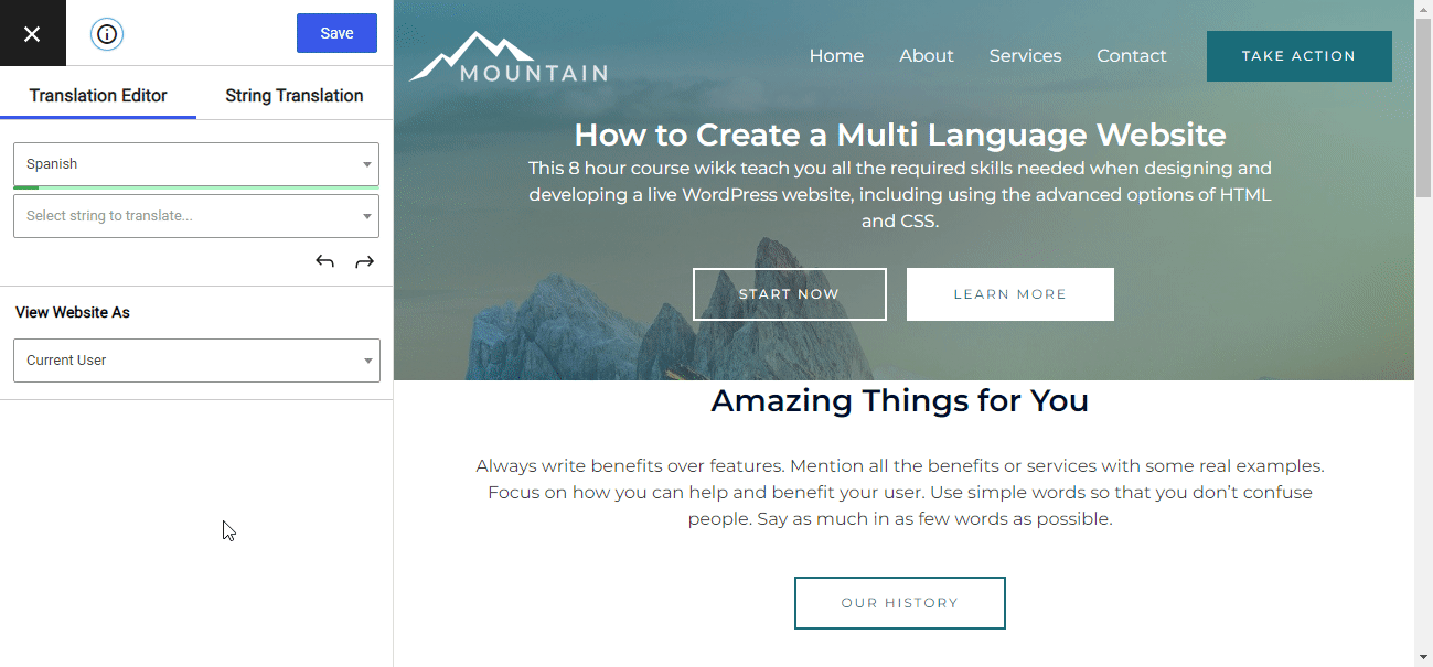 Use a visual editor to create a multi language website