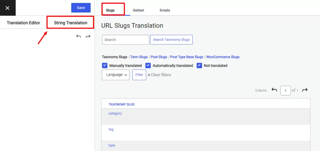 Slugs tab in TranslatePress tranlation editor