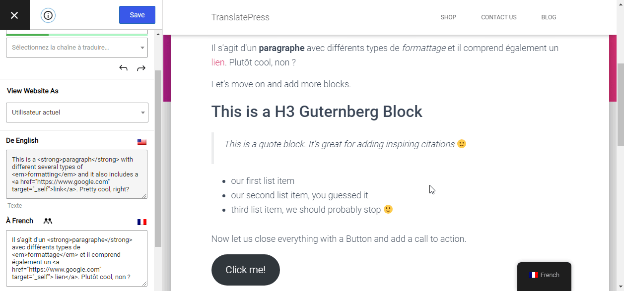 Translate List Block Gutenberg