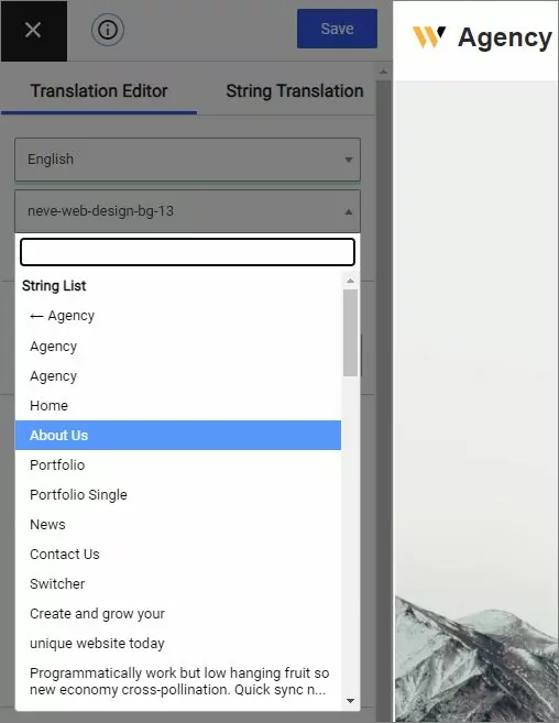 Translate Neve homepage: strings list