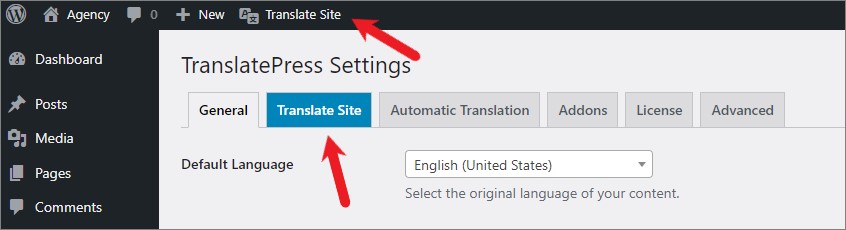 TranslatePress translate site button