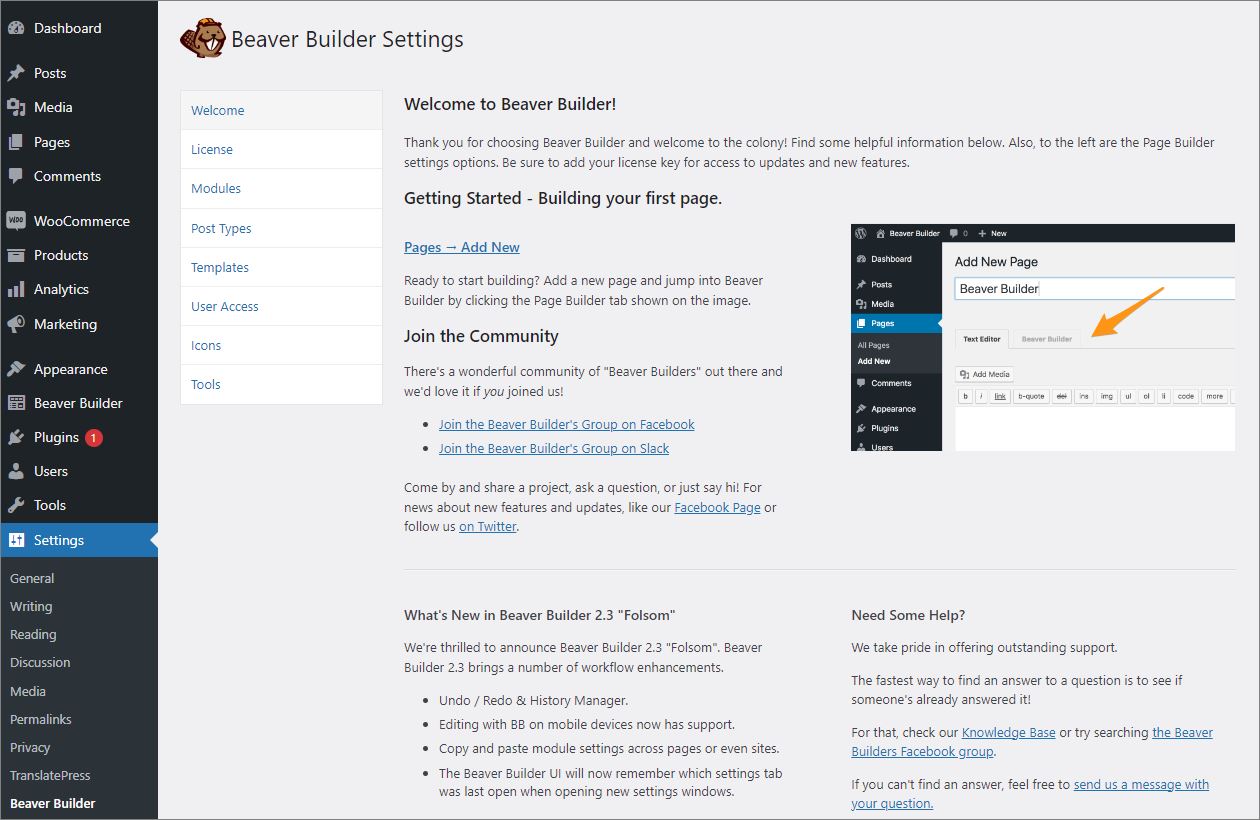Beaver Builder plugin settings
