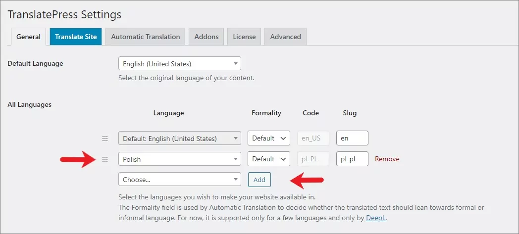TranslatePress add language