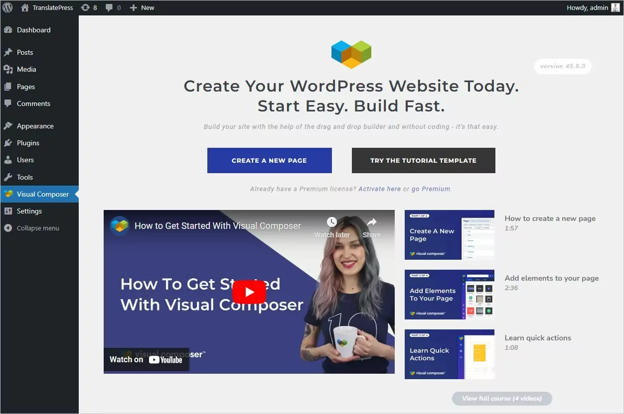 Create page using Visual Composer