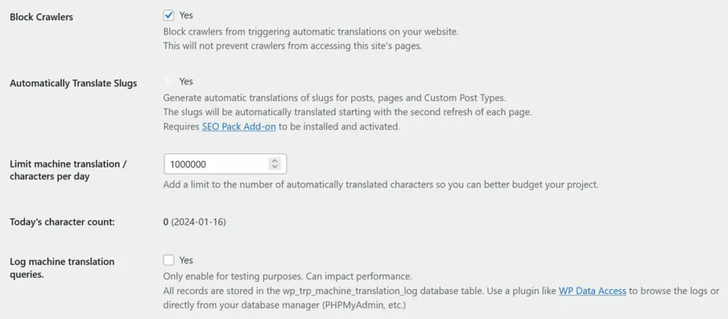 additional automatic translation options