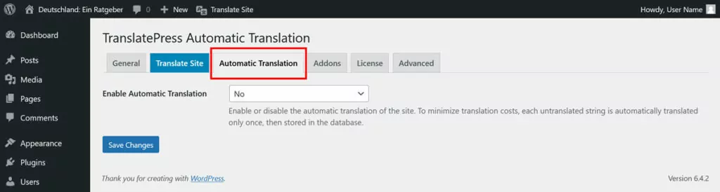 automatic translation options in translatepress