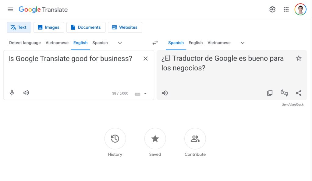 Google Translate interface for business translations