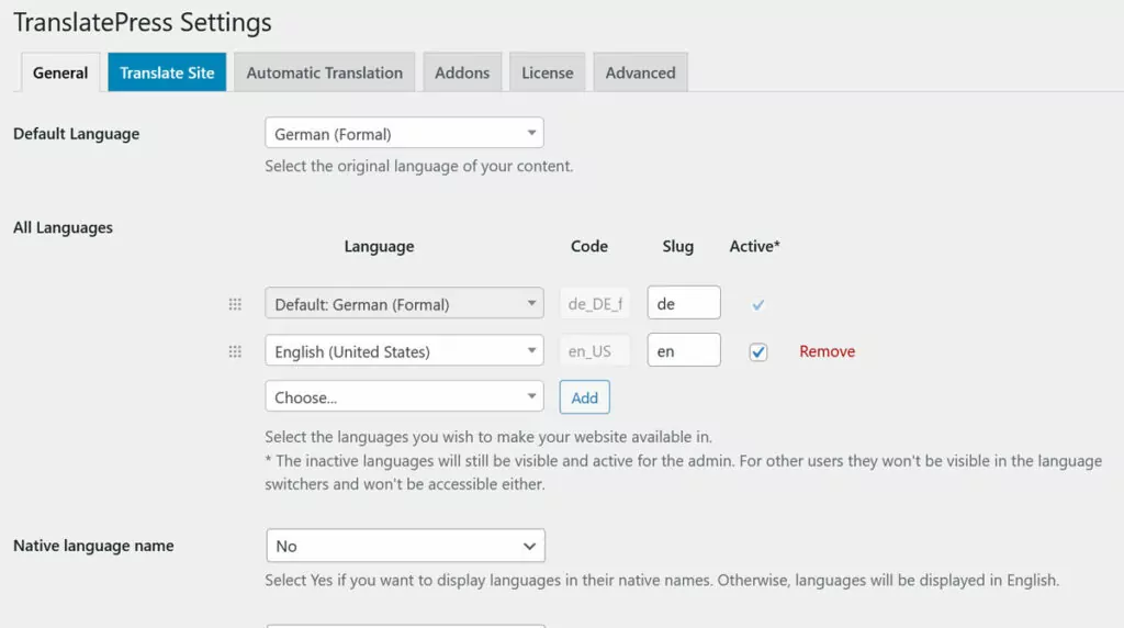 target language active in settings