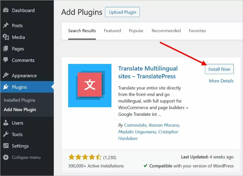 Installing TranslatePress - Multilingual Plugin