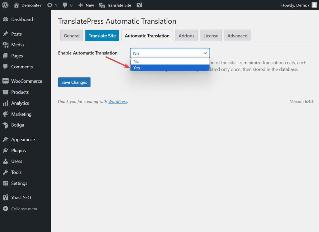 enable automatic translation translatepress