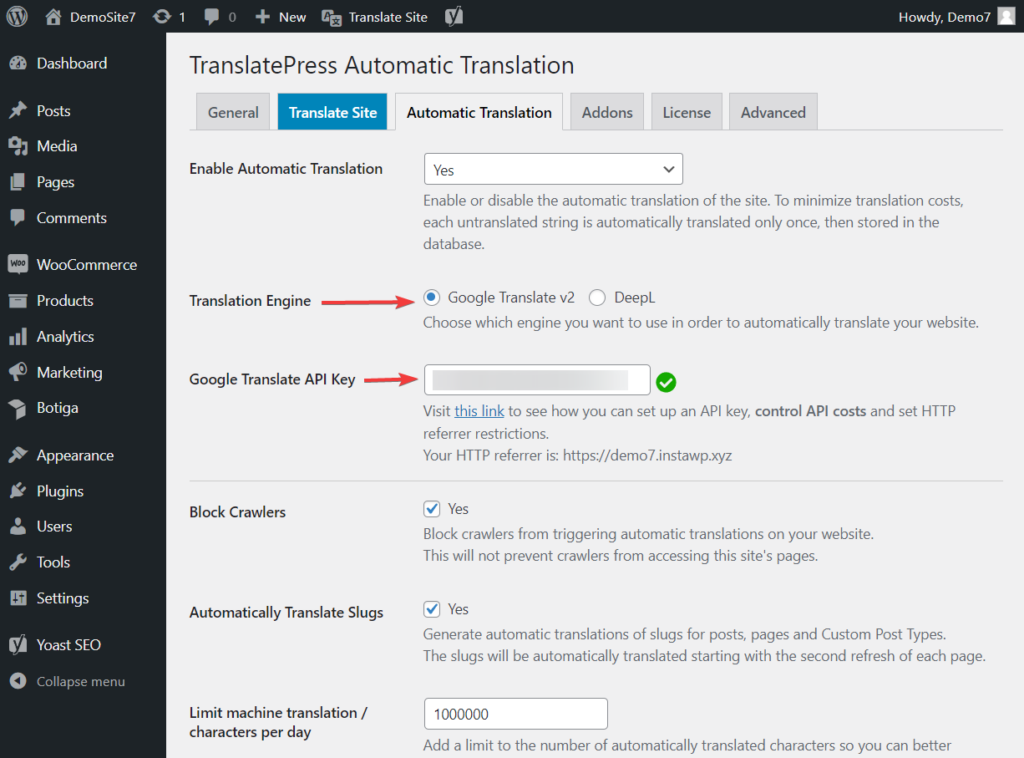 translatepress translation engine and api key