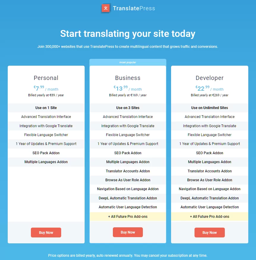 TranslatePress alternative for translation pricing